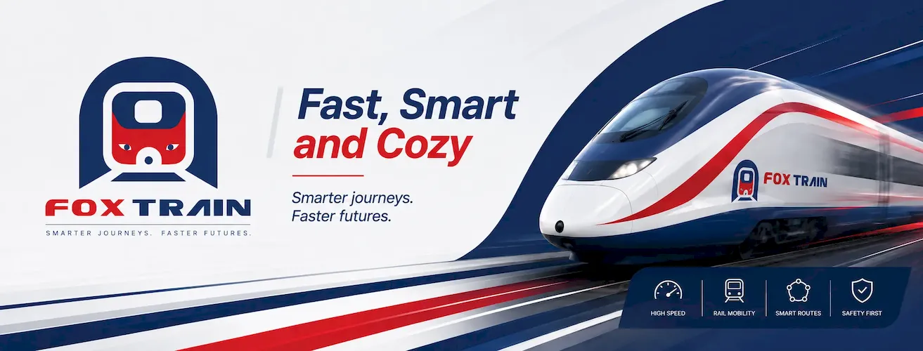 Fox Train Facebook cover sa modernim brzim vozom, logotipom i sloganom Fast Smart and Cozy