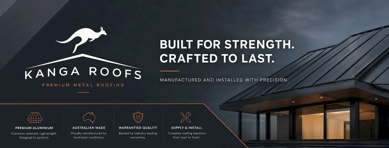 Kanga Roofs Facebook cover za premium metal roofing sa modernom kućom i snažnom građevinskom estetikom