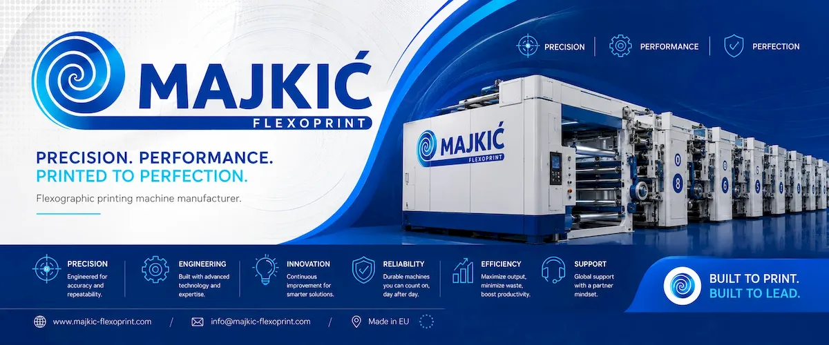 Majkić Flexoprint Facebook cover sa industrijskom mašinom, logotipom i B2B tehnološkim karakterom