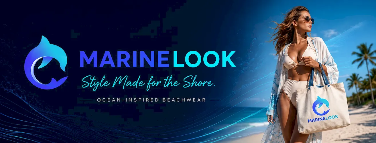 MarineLook Facebook cover za beachwear brend sa modelom na plaži i osvežavajućom morskom paletom