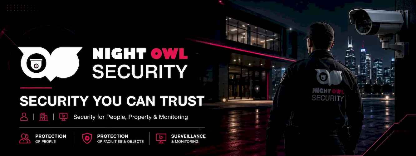 Night Owl Security Facebook cover sa čuvarom, video nadzorom i noćnom urbanom sigurnosnom atmosferom