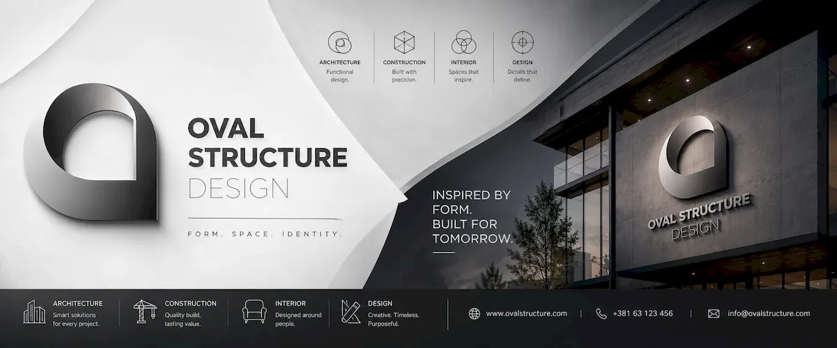 Oval Structure Design Facebook cover za arhitektonski i dizajn studio sa savremenom zgradom i minimalističkim brendiranjem