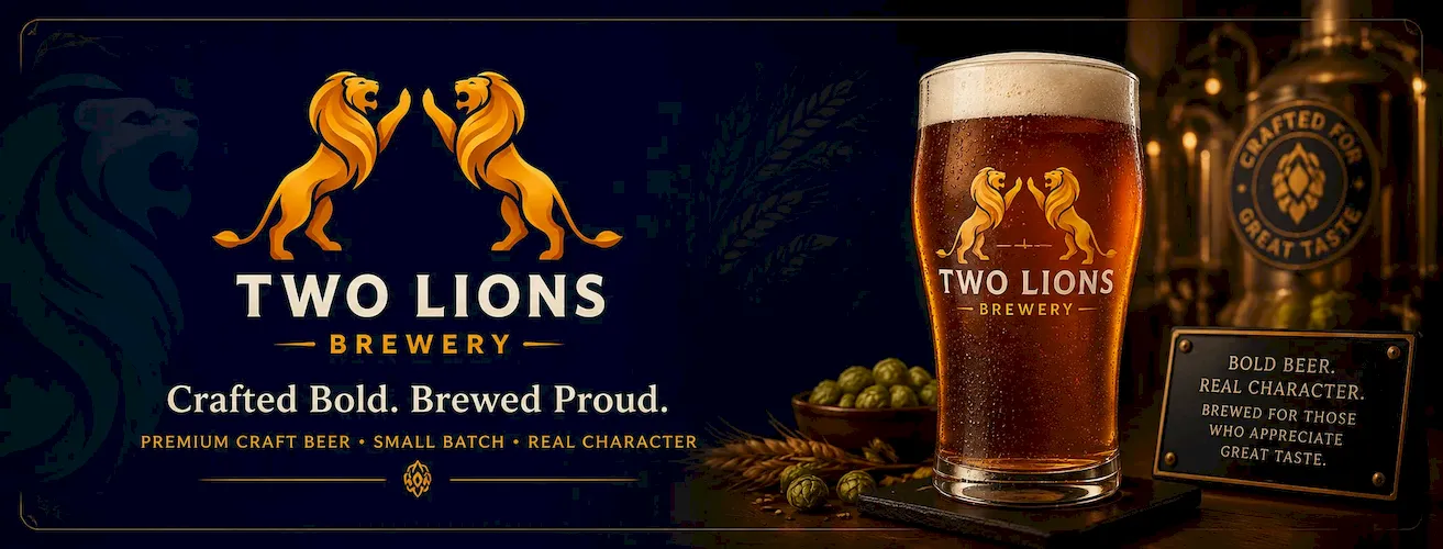Two Lions Brewery Facebook cover za kraft pivaru sa logotipom, čašom piva i toplom craft atmosferom