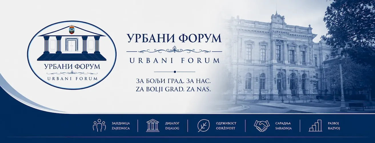 Urbani forum Facebook cover sa logotipom, gradskom arhitekturom i institucionalnim plavo-belim identitetom