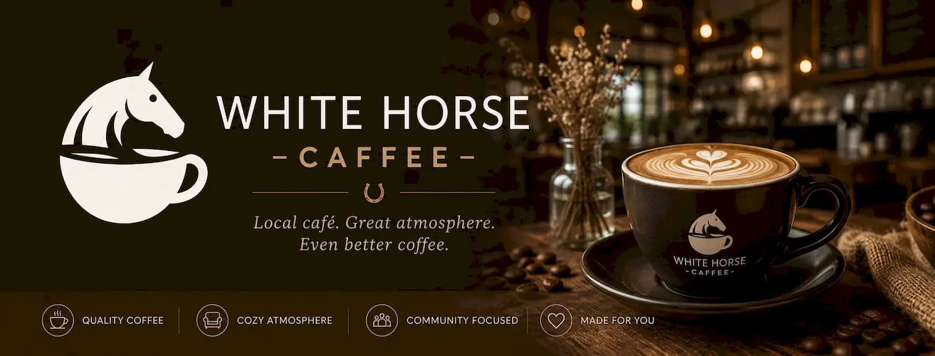 White Horse Caffee Facebook cover sa šoljom kafe, toplim enterijerom i prijatnom lokalnom atmosferom